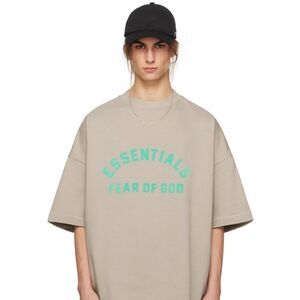 Fear of God Essentials Heavy Dark Heather Oatmeal/Teal Print T-Shirt FOG Bag